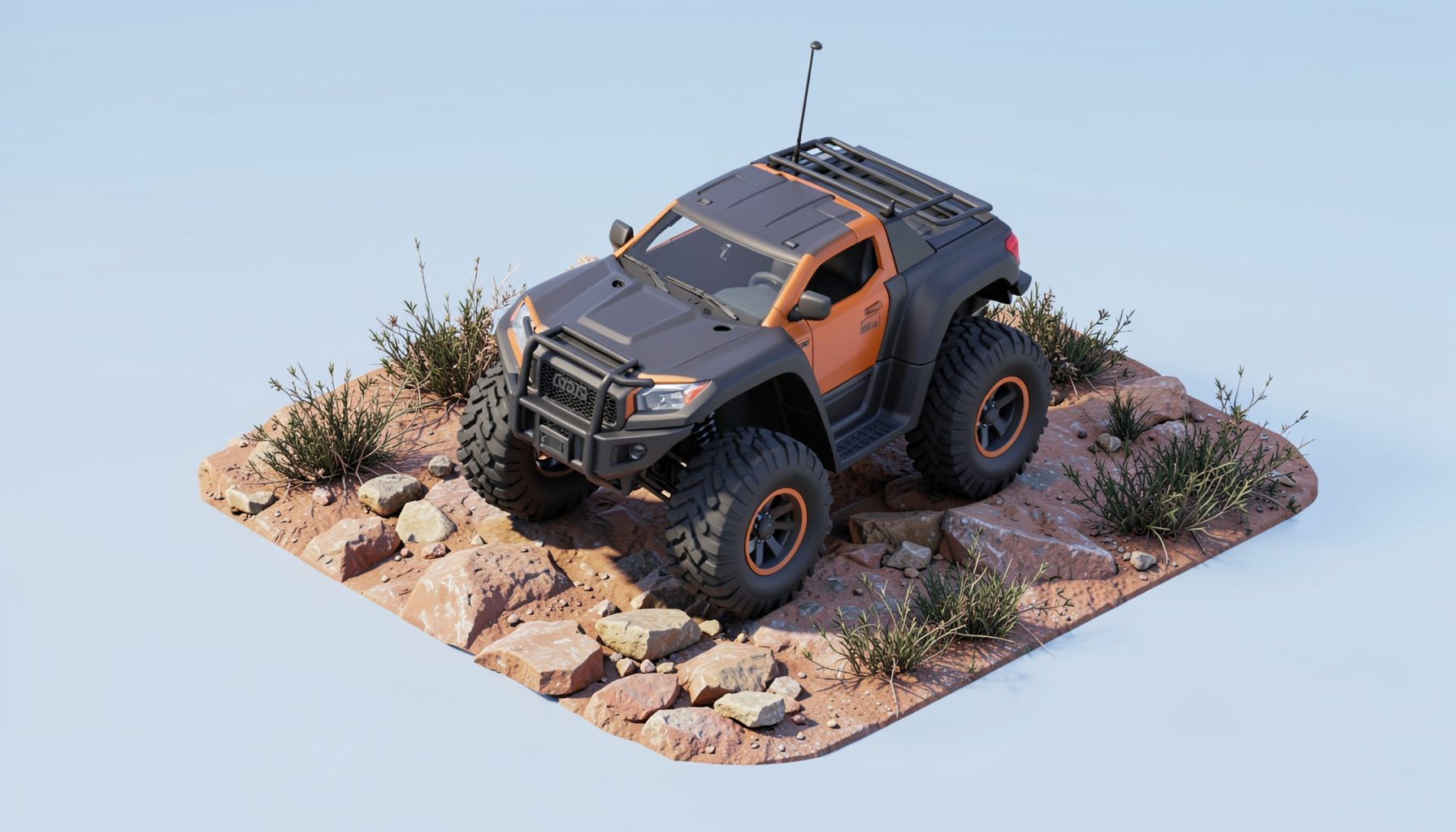 An isometric 3D render of a compact all-terrain quad in matte charcoal and orange, resting on a patch of rocky ground with scattered scrub brush under a clear sky